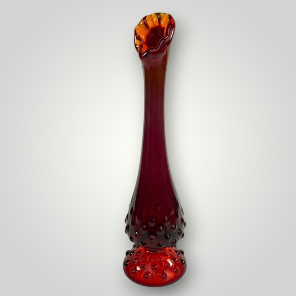 Fenton Amberina Hobnail Flame Bud Vase 9" Swung Art Glass 1960s 70s